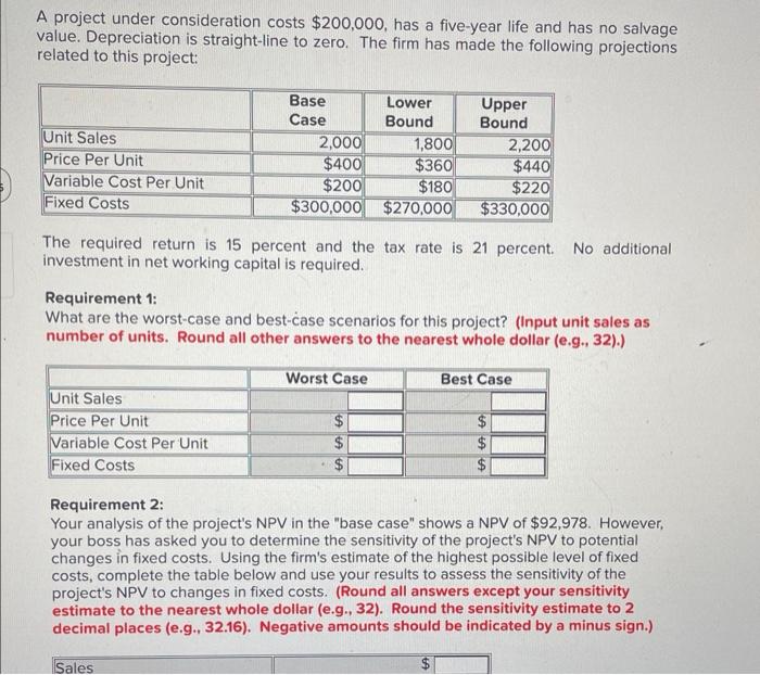  A project under consideration costs $200,000, has a five-year life and