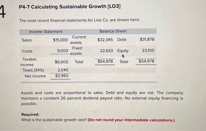 Please help me with this question. Thank you! P4-7 Calculating Sustainable Growth