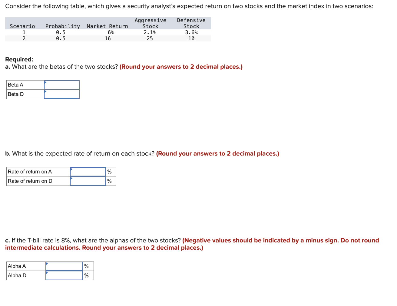  Consider the following table, which gives a security analyst's expected return