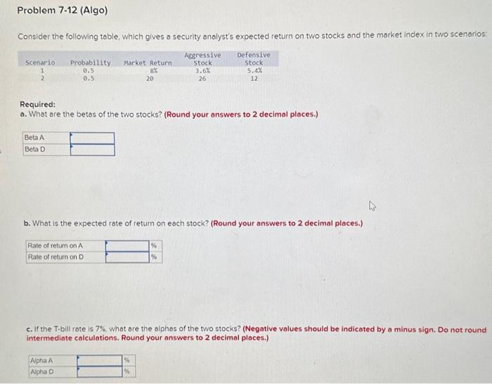 Consider the following table, which gives a security analyst's expected return