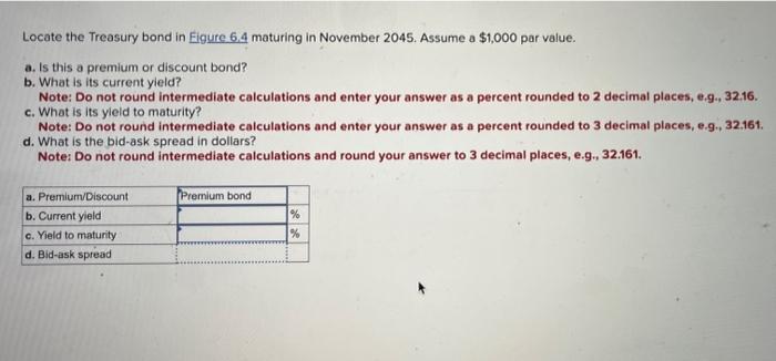 A,B,C,&D Locate the Treasury bond in Eigure 6.4 maturing in November 2045.