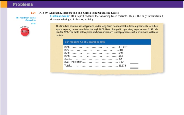  Problems LO1 P10-40. Analyzing, Interpreting and Capitalizing Operating Leases Goldman Sachs'