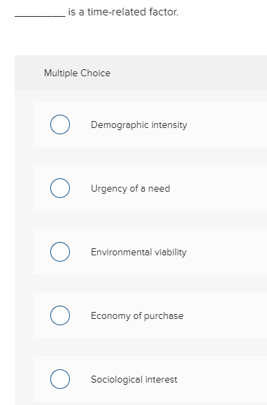  is a time-related factor. Multiple Choice o Demographic intensity o Urgency