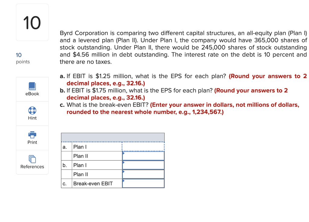  10 Byrd Corporation is comparing two different capital structures, an all-equity