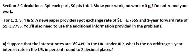 Section 2 Calculations. 5pt each part, 50 pts total. Show your