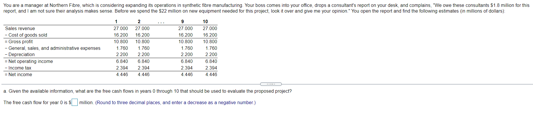 Please help me answer this question for years 0 to 10 with