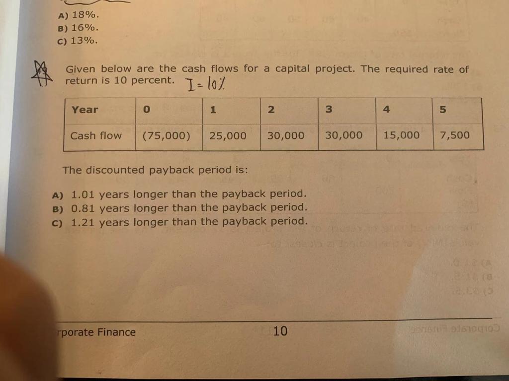 A) 18%. B) 16%. c) 13%. Given below are the cash