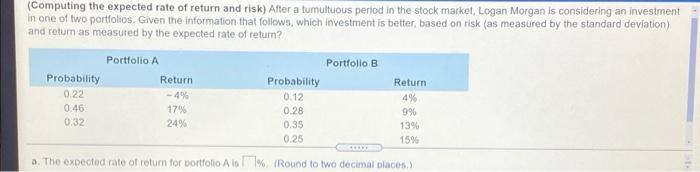 help asap (Computing the expected rate of return and risk) After a