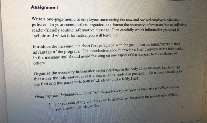 Assignment / write a one page memo Write a one-page memo to