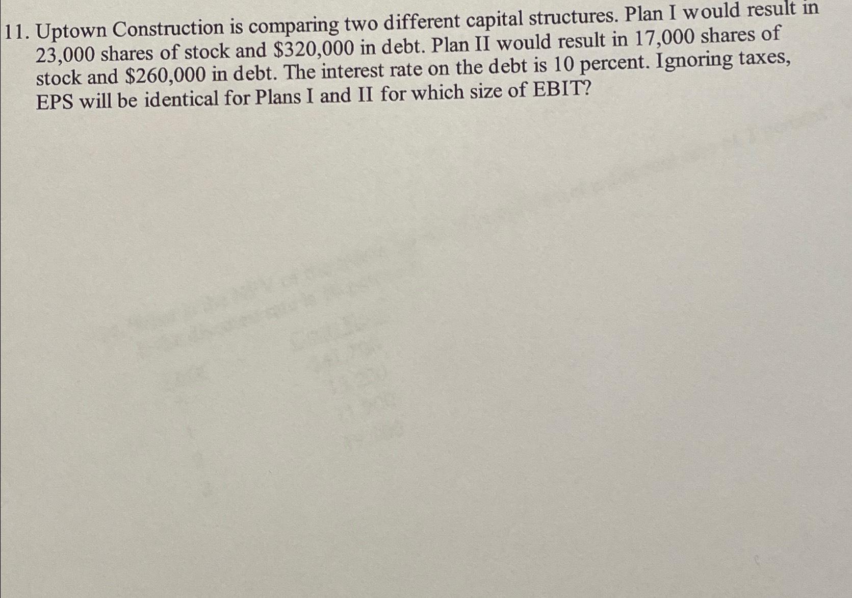  Uptown Construction is comparing two different capital structures. Plan I would