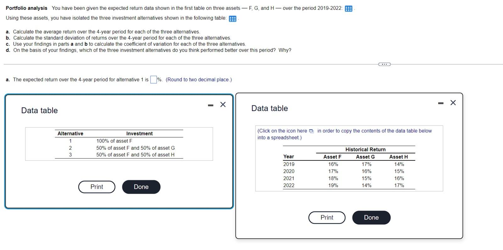 Portfolio analysis You have been given the expected return data shown