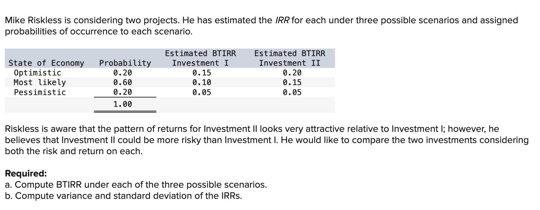  Mike Riskless is considering two projects. He has estimated the IRR