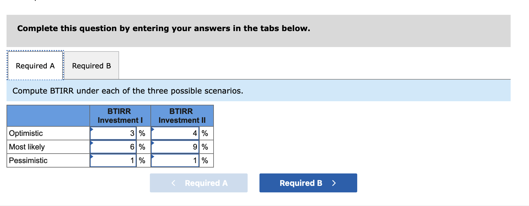 for each under three possible scenarios and assigned probabilities of occurrence to