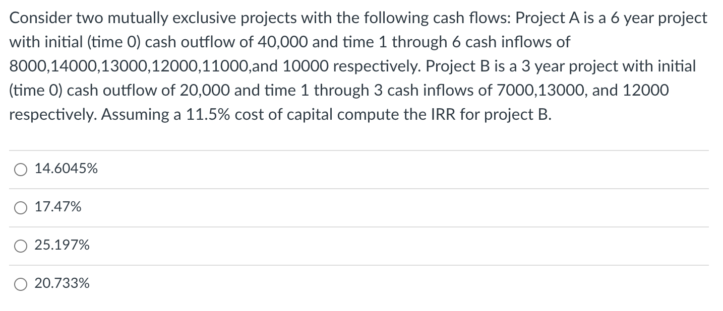 Consider two mutually exclusive projects with the following cash flows: Project