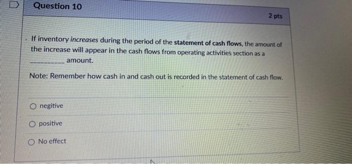  Question 10 2 pts If inventory increases during the period of