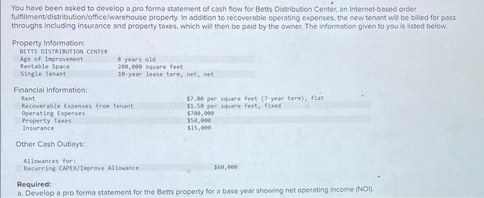 please help You have been asked to develop a pro forma statement