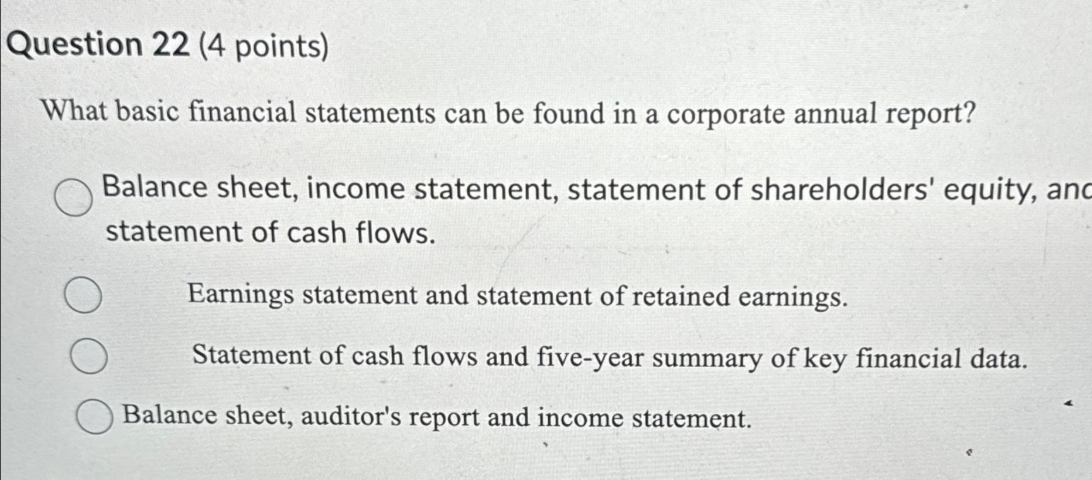 Question 22 (4 points)\ What basic financial statements can be found in