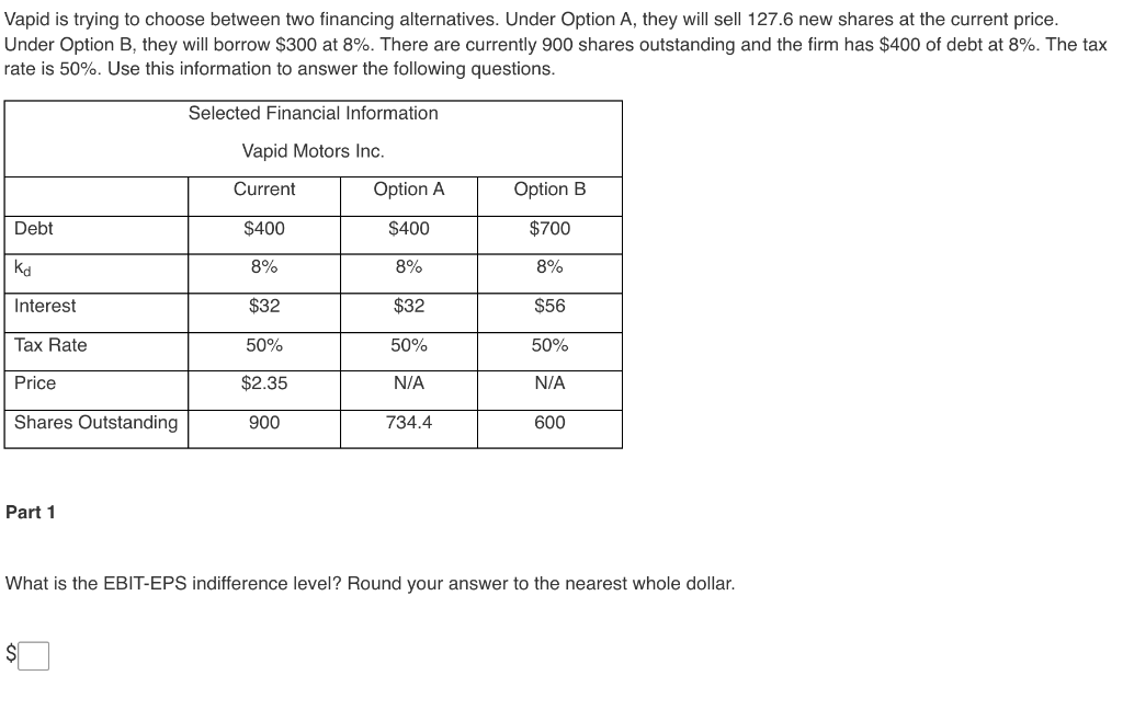 Vapid is trying to choose between two financing alternatives. Under Option A,