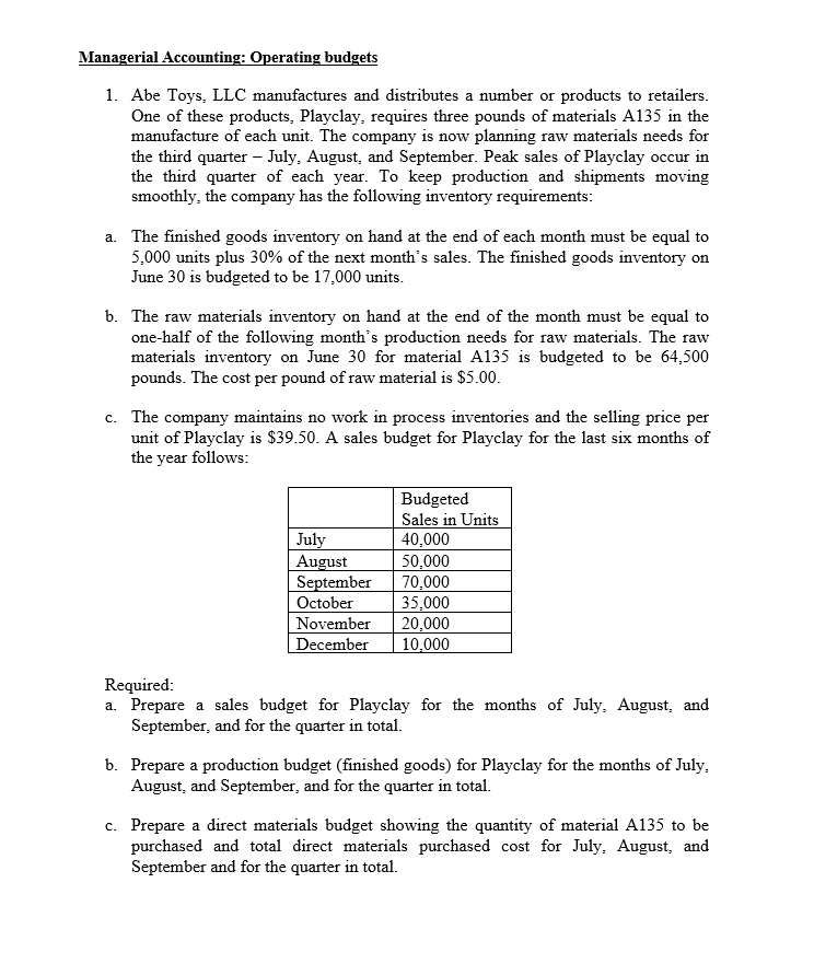  Please answer parts A - C using excel Managerial Accounting: Operating