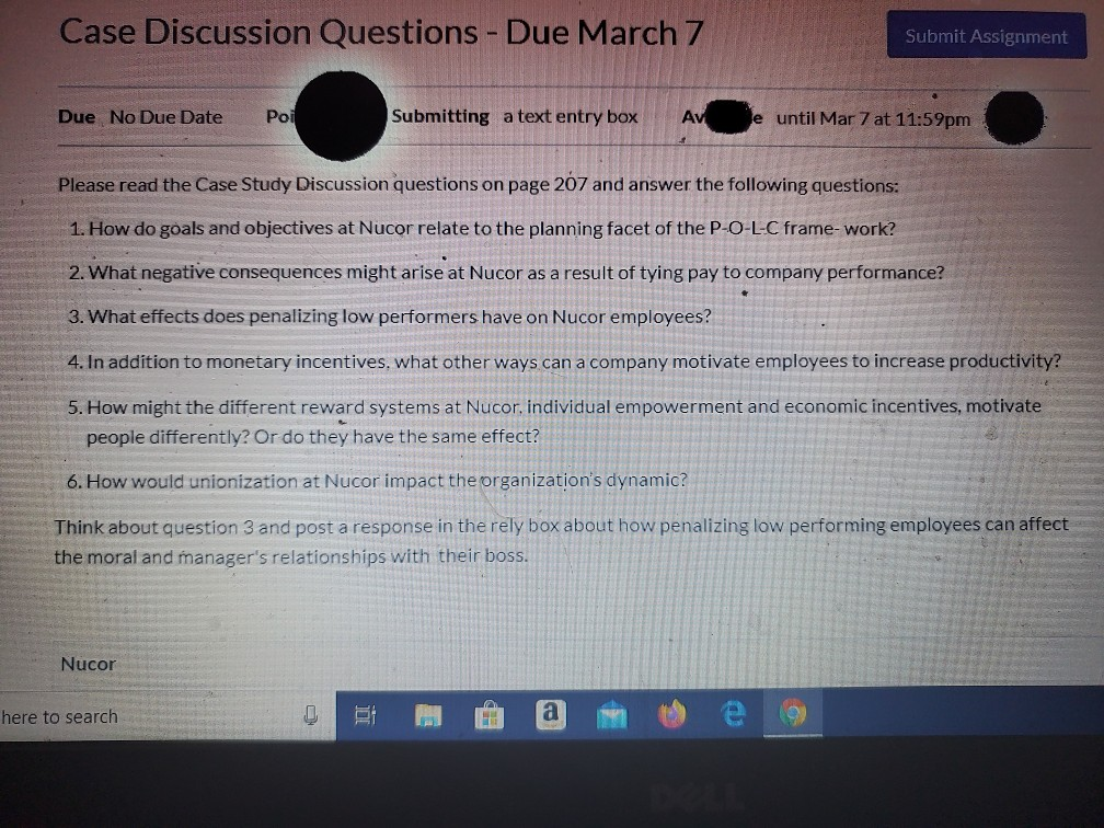 Case Discussion Questions - Due March 7 Submit Assignment Due No