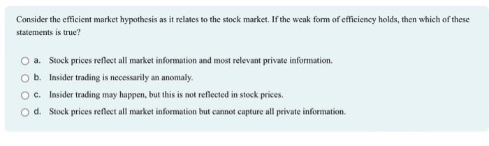  Consider the efficient market hypothesis as it relates to the stock