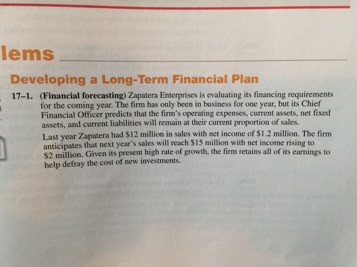  lems Developing a Long-Term Financial Plan 17-1. (Financial forecasting) Zapatera Enterprises