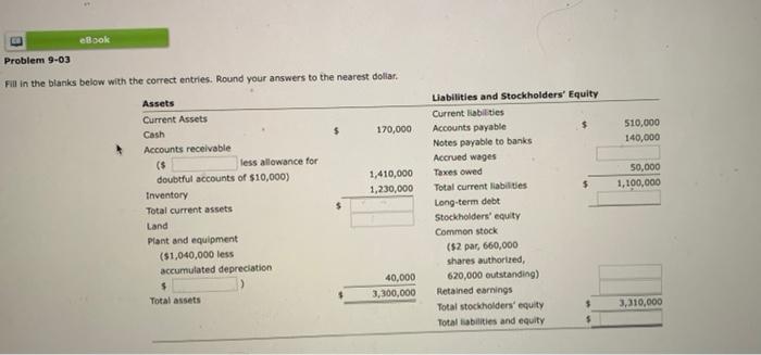  eBook Problem 9-03 Fill in the blanks below with the correct