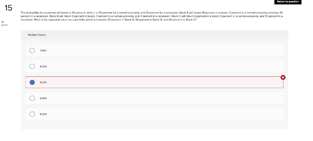 recession. What is the expected return or1 n perffolio which is