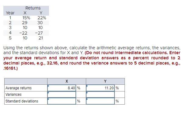  Using the returns shown above, calculate the arithmetic average returns, the