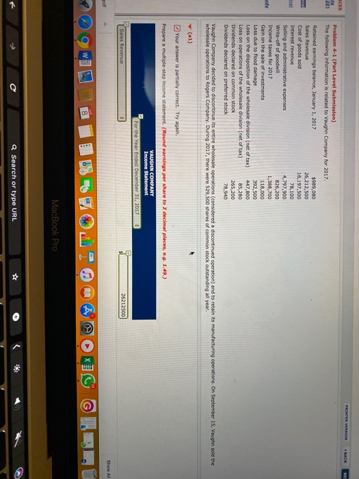  BACK Problem 4-1 (Part Level Submission) The following information is related