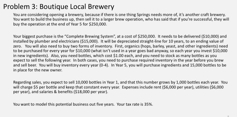 Problem 3: Boutique Local Brewery You are considering opening a brewery,
