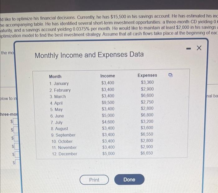 income and monthly expenses for each month over the next year. This