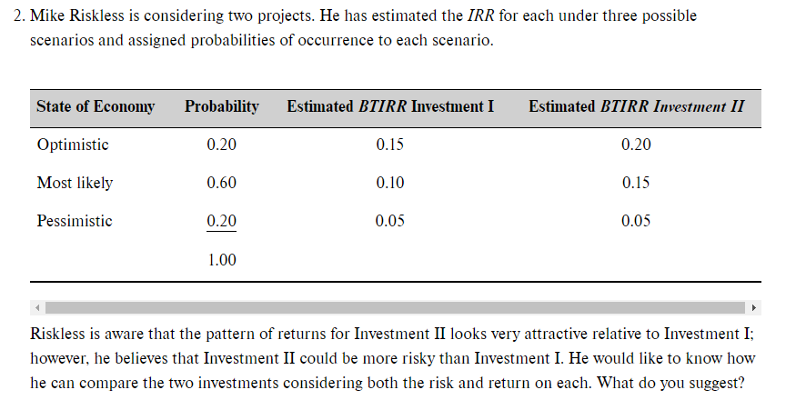  2. Mike Riskless is considering two projects. He has estimated the