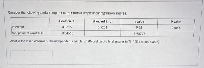  Consider the following partial computer output from a simple linear regression