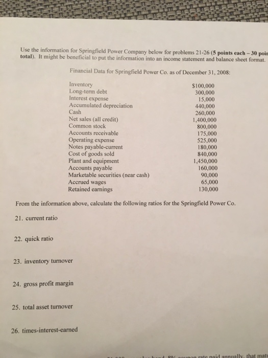  Use the information for Springfield Power Company below for problems 21-26
