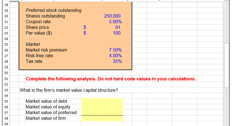 A1 12 13 14 15 16 17 18 Finding the WACC Excel