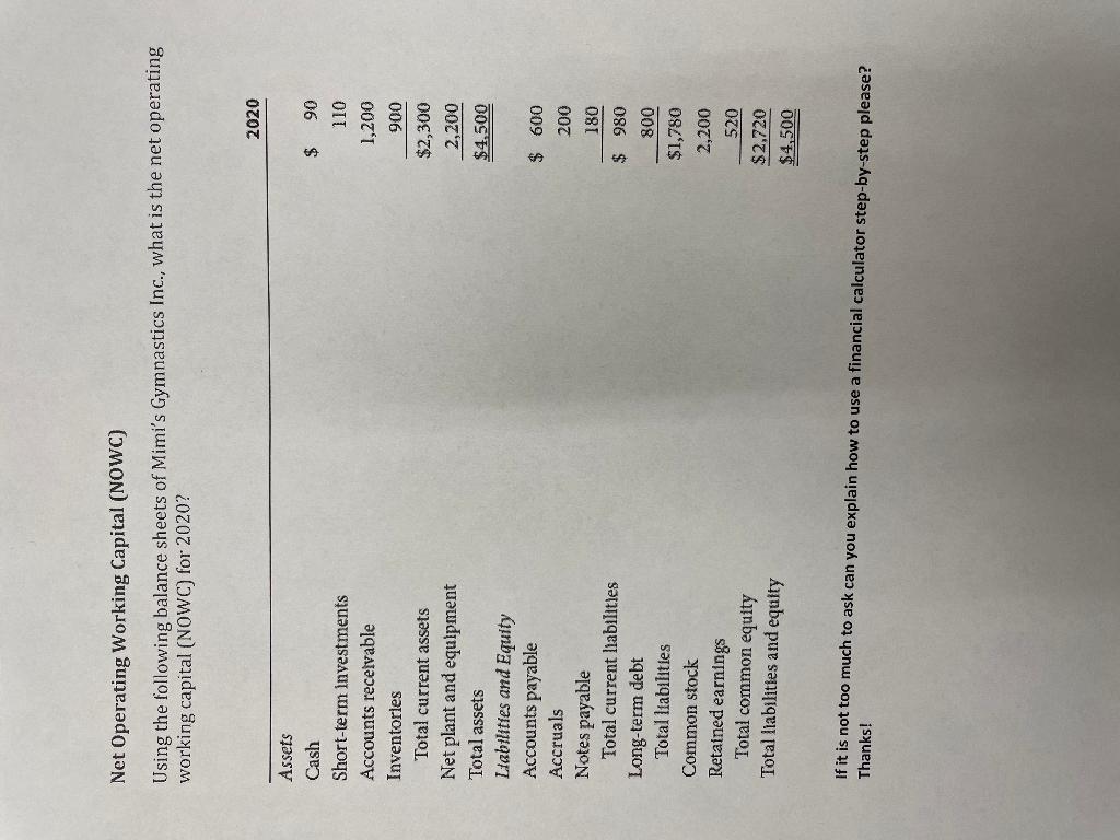 Net Operating Working Capital (NOWC) Using the following balance sheets of