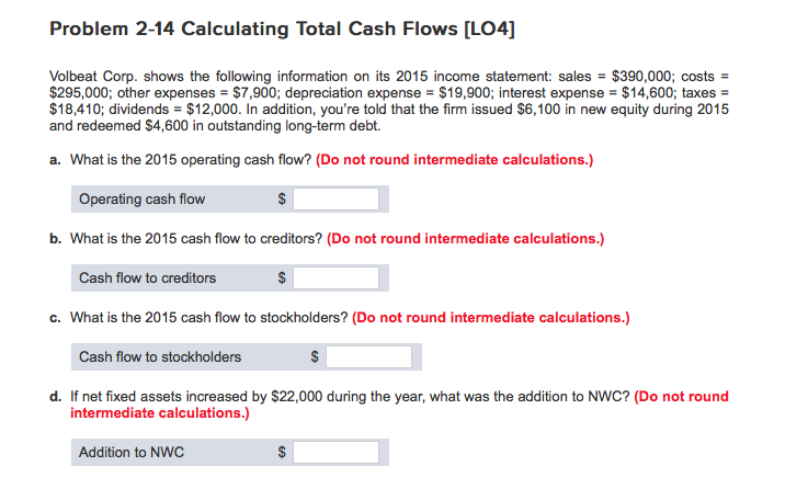  Problem 2-14 Calculating Total Cash Flows [LO4] Volbeat Corp. shows the