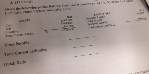  Given the following partial Balance Sheet, and a current ratio of
