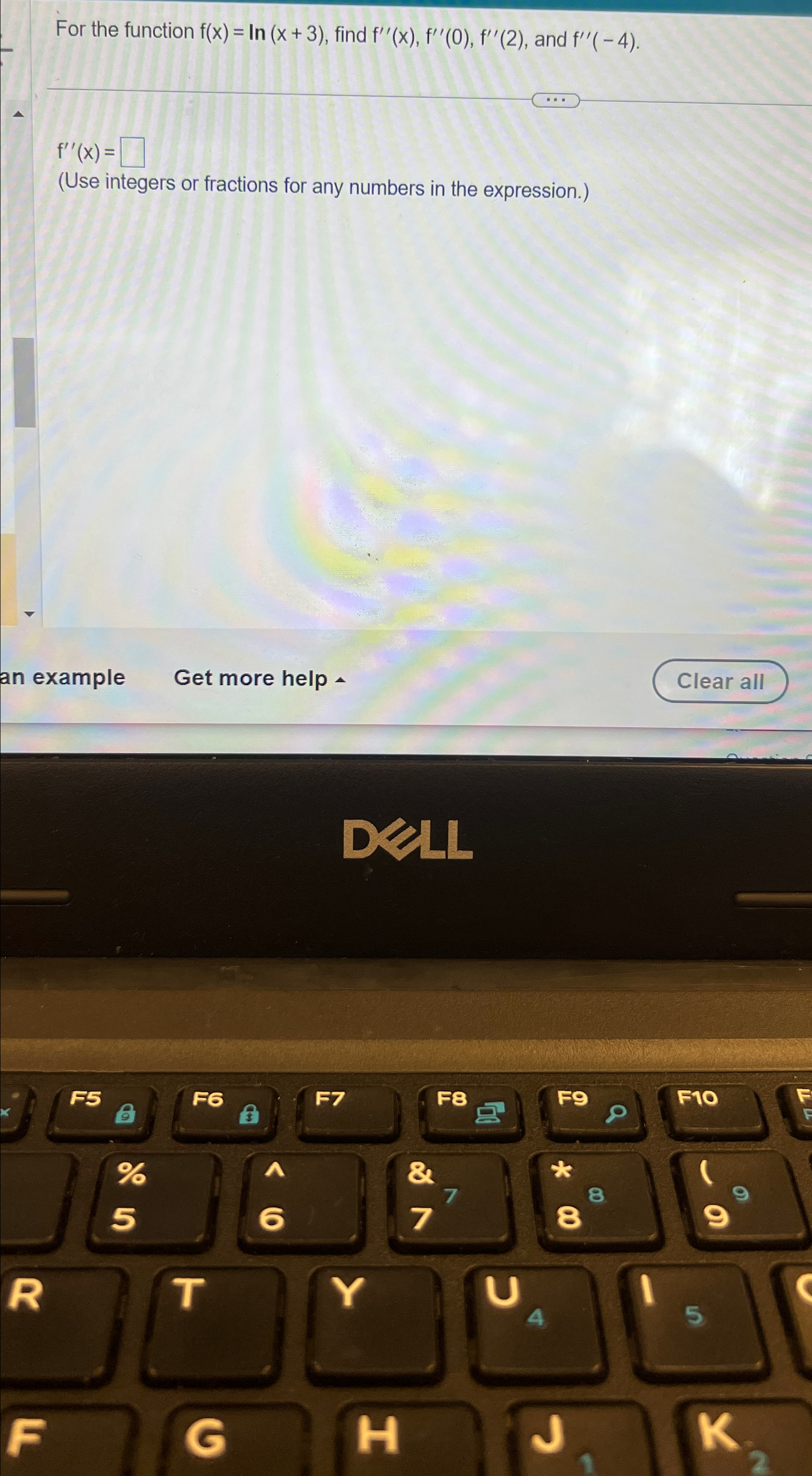  For the function f(x)=ln(x+3), find f''(x),f''(0),f''(2), and f''(-4). f''(x)= 