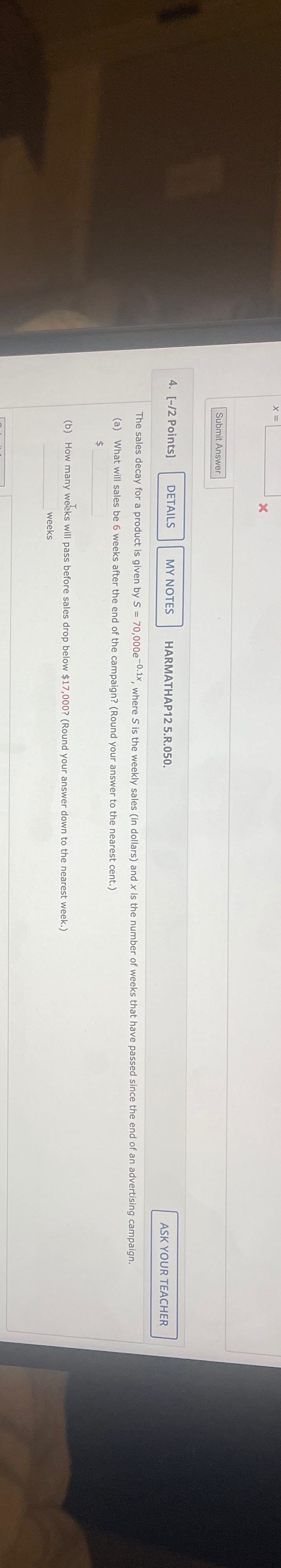  [-/2 Points] MY NOTES HARMATHAP 125.R.050. ASK YOUR TEACHER The sales