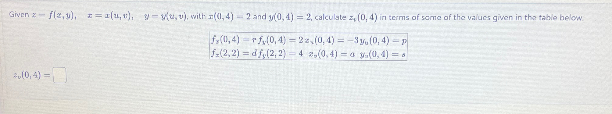  Given z=f(x,y),x=x(u,v),y=y(u,v), with x(0,4)=2 and y(0,4)=2, calculate zv(0,4) in terms of