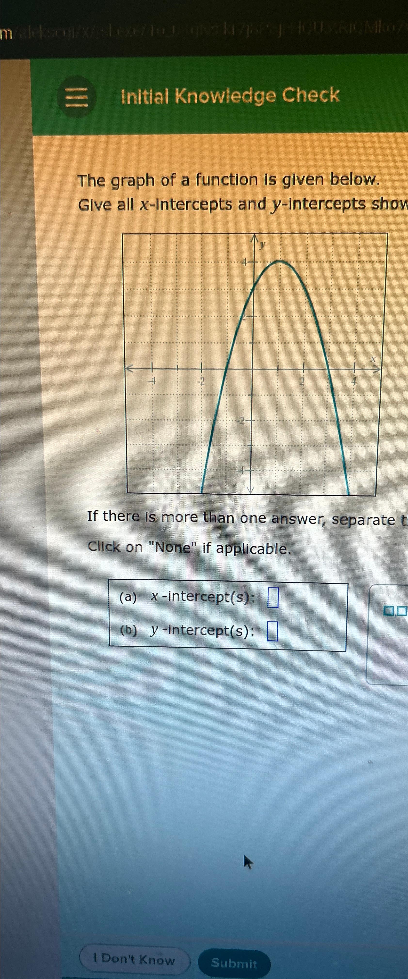  Initial Knowledge Check The graph of a function is given below.