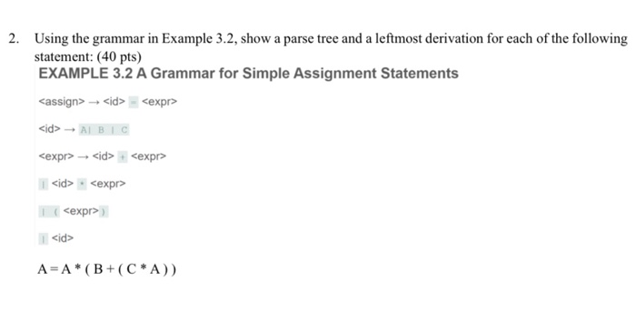  2. Using the grammar in Example 3.2, show a parse tree
