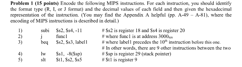  Problem 1 (15 points) Encode the following MIPS instructions. For each
