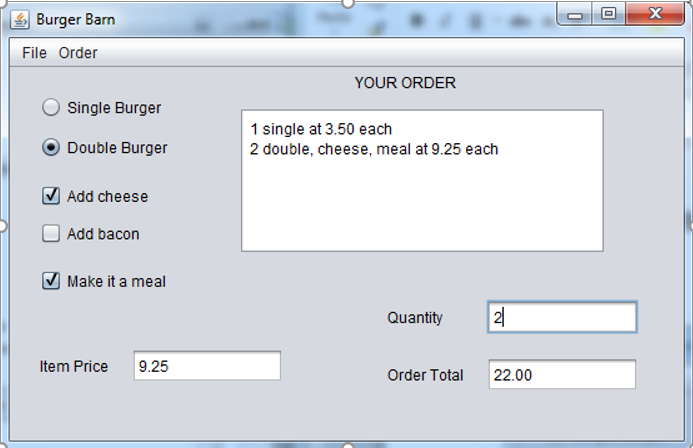 uses JCheckBox, JRadioButton, JTextArea, and menus. Process multiple events. PROBLEM: BurgersRUs Point