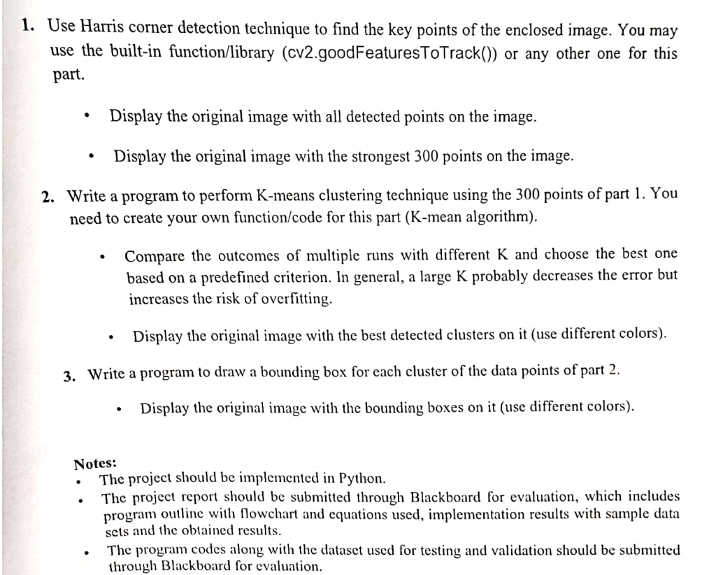 Please help me in this python project... 1. Use Harris corner detection