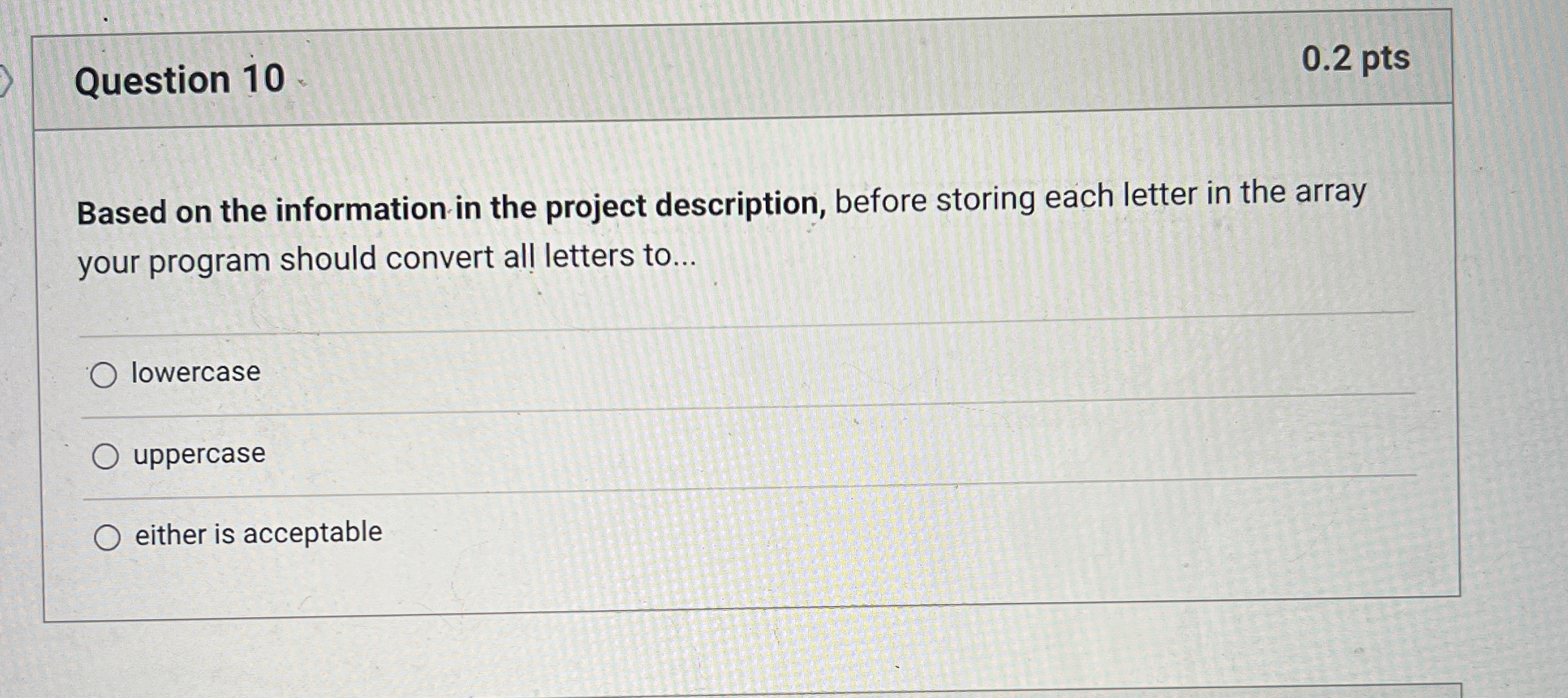  Question 10 0.2 pts Based on the information in the project