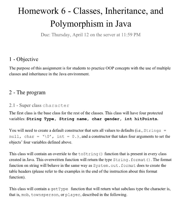  Java language Homework 6 - Classes, Inheritance, and Polymorphism in Java