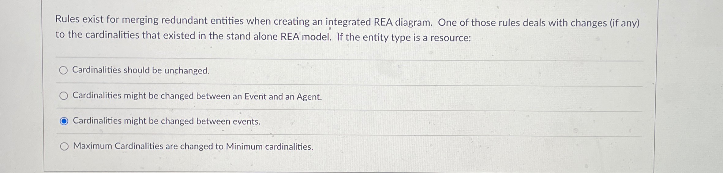  Rules exist for merging redundant entities when creating an integrated REA